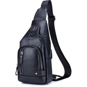 Bullcaptain Men Black Genuine Leather Sling Bag Multipurpose Crossbody Chest Bag